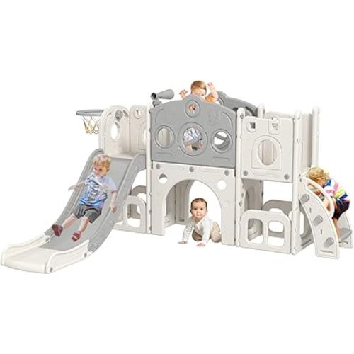 Kinfant 8 in 1 Toddler Slide for Toddlers for Toddlers Age 1-3, Toddler Outdoor Playground, Kids Slide with Basketball Hoop, Telescope and Storage, Baby Indoor Outdoor Climber Playset(White & Gray)