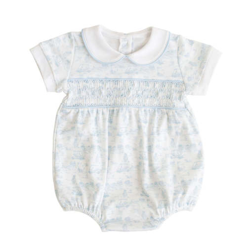 Fairway Toile | Short Sleeve Smocked Bubble (Blue) – Baby Dunn
