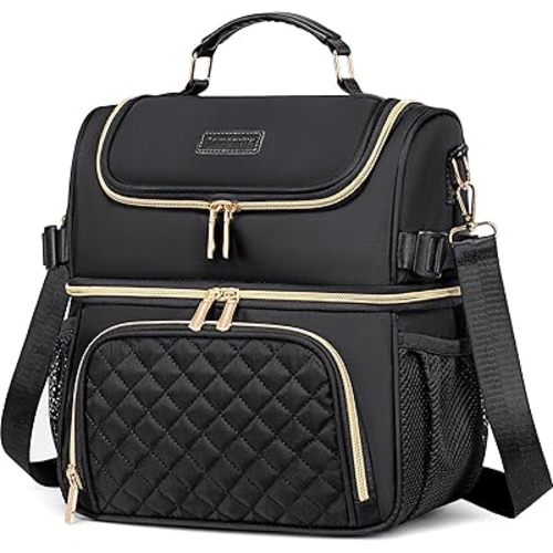 Lunch Bags for Women, Dual Compartment Lunch Box Lunch Bag for Work, Leakproof Lunch Cooler Large Insulated Lunchbox for Adult for Women Men, Lunchbag for Picnic Beach (Black)