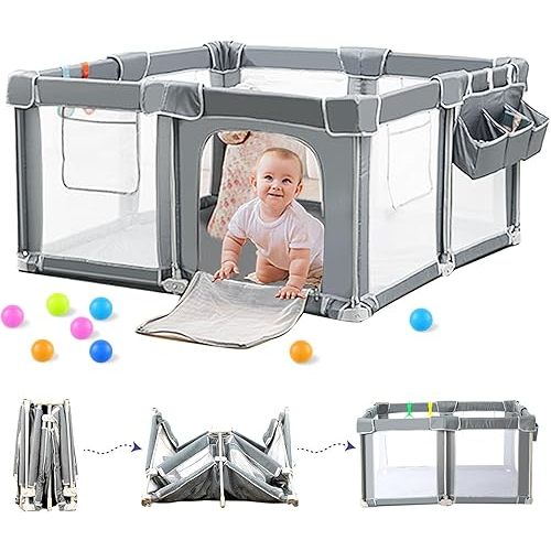 Foldable Baby Playpen 59"×71", Out-of-The-Box Ready Playpen for Babies and Toddlers, Portable Play Yard with Breathable Mesh & Gates, Storage Bag & 4 Handlers for Indoor & Outdoor
