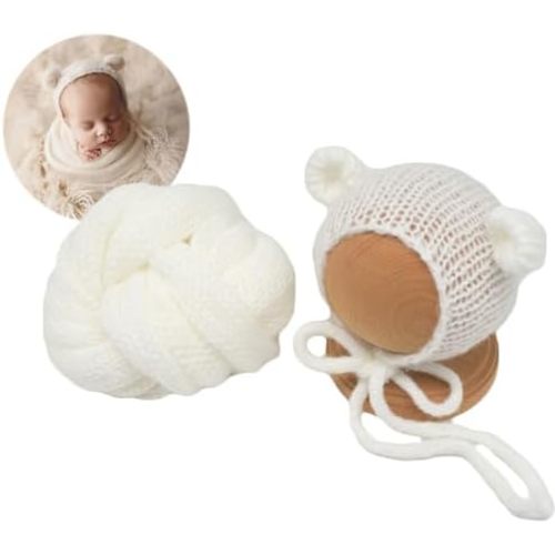 Zeroest Newborn Photography Wrap Bear Bonnet Baby Photoshoot Props Long Knit Textures Hat Infant Photographer Picture Outfits