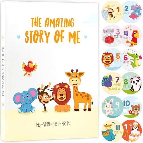 KiddosArt Baby Memory Book. Keepsake Journal, Scrapbook, Photo Album. Record Your Girl or Boy Memories and Milestones of the First 5 Years on 72 Beautiful Pages. 12 Monthly Stickers Included.