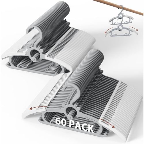 Toddler Hangers 60PCS, 11"-14" Extendable and Stackable Baby Hangers, 45g Ultra-Thick Space Saving Non-Slip Plastic Hanger for Infant, Kids and Nursery Closet (Gray-White-60)