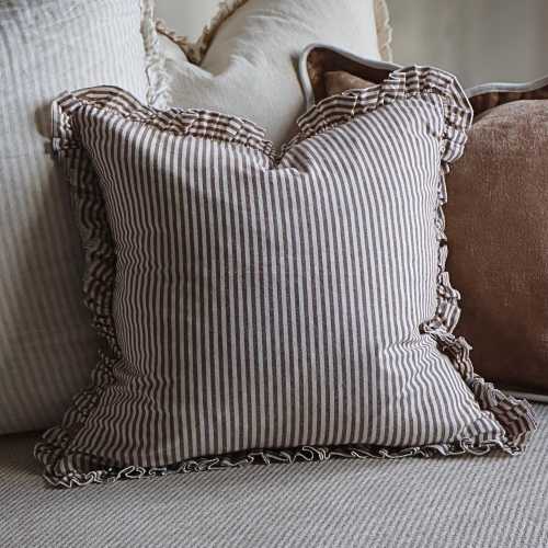 Brown Stripe Ruffle Cotton Cushion, Darcy Style (45x45cm)