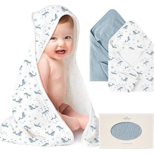 Konssy 2-Pack 100% Muslin Cotton Hooded Baby Bath Towels for Boys and Girls