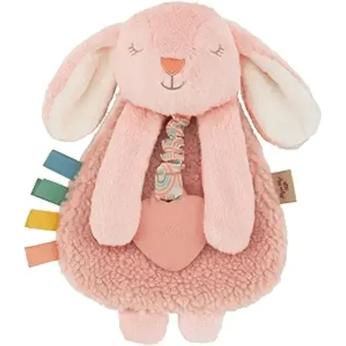 Itzy Ritzy - Itzy Lovey Including Teether - Baby Lovey with Teether, Textured Ribbons & Dangle Arms - Features Crinkle Sound, Sherpa Fabric and Minky Plush (Pink Bunny)