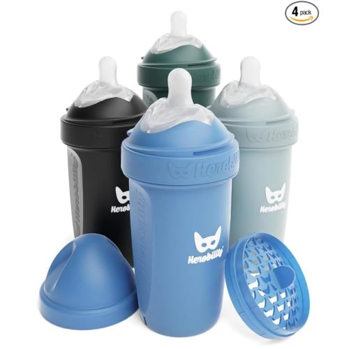 Herobility Double Anti-Colic Baby Bottles – 8.5 fl oz/240ml – 4-Pack – Multicolor – Denim, Black, Dusky Green, Gray