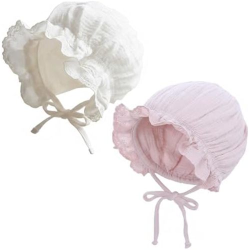 2 Pack Baby Bonnet Hat for Newborn Girls Boys Washed Cotton Lace Infant Bonnet Adjustable Ties Summer Baby Sun Hats