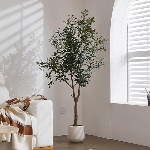 Casvik Artificial Olive Tree 6FT, Tall Faux Silk Tree with White Planter, Large Fake Floor Plants for Home Office Indoor Decor - Lifelike Fruits, Natural Wood Trunk, Green Moss