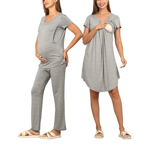 SUNNYBUY Women 3 PCS Maternity Nursing Nightgown Dress & Short Sleeve Breastfeeding Top & Pregnancy Pants Sleepwear Set