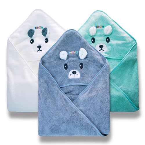 Hooded Baby Bath Towels for Newborn Essentials 41" (Large) Set 3 Towel with Hood for Kids Babies Toddler Infant Baby Towels with Hood Cosas para Bebes recien nacidos (White/Gray/Green)