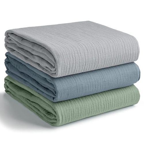 Comfy Cubs Muslin Swaddle Blankets Pack of 3, 42 x 42 Inch Soft 100% Cotton Baby Blanket Set, Large Wraps for Newborns - Self-Soothing Swaddles for Newborns - Heather Blue, Pacific Blue, Fern