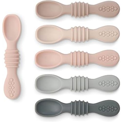 Simka Rose Silicone Baby Spoons Self Feeding 6 Months - First Stage Infant Spoons for Babies & Toddlers- Baby Led Weaning Spoons Set of 6- Easy on Gums Food Training Utensils Dishwasher Microwave Safe