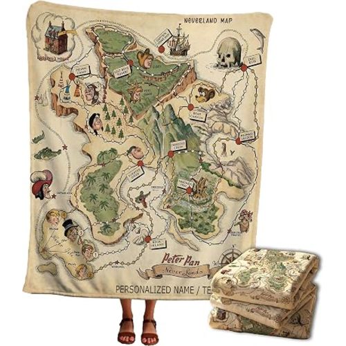 Personalized Neverland Map Blanket - Custom Name Storybook Nursery Bedding - Peter Pan Theme Cozy Throw for Toddler Ultra Soft/Mschine Washable
