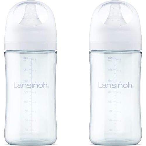 Lansinoh Glass Baby Bottles, Anti-Colic, White, 8oz, 2 Count, with Medium Flow Nipples (Size M, 3-6 Months), Baby Feeding Essentials