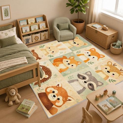 Kids Area Rug for Bedroom, Cute Woodland Animal Patchwork Rug, Bear Fox Deer Bunny Hedgehog Owl Raccoon Nursery Playroom Carpet, Washable Non-Slip Soft Low Pile Floor Rug for Boys Girls Room, 5x6