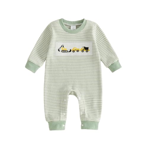 FOCUSNORM Baby Boy Fall Clothes Newborn Winter Outfit Truck Jumpsuit Romper | Truck Embroidered Jumpsuit Waffle Striped Long Sleeve Crew Neck Romper Onesie