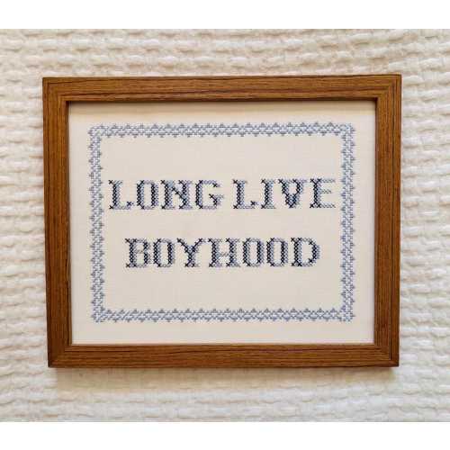 Embroidered Long Live Boyhood Sign, Vintage Cross Stitch Nursery Decor
