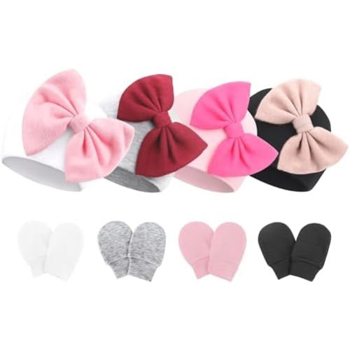 BQUBO Newborn Baby Hats Mittens Set Hospital Hat Beanie Infant Bow Hats Baby Gloves No Scratch Mittens for 0-6 Months