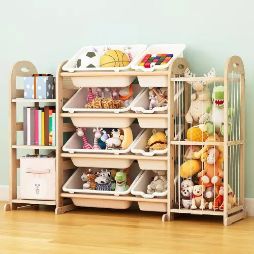 Wooden Toy Storage Organizer, Toy Organizers & Storage with Stuffed Animal Storage, Toy Storage Shelf with 3 Shelves, 8 Storage Bins, Kids Bookshelf, Toy Holder for Toddler Rooms, Playrooms, Bedrooms