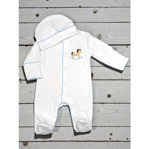 Rocking Horse Baby Footie, Blue Picot Trim, Newborn Outfit