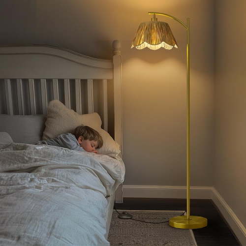 Boho Arc Floor Lamp, Rattan Hand-Woven Shade with Gold Base & Pole, Foot Switch, Farmhouse Tall Standing Lamp for Living Room, Bedroom Corner, Reading Light