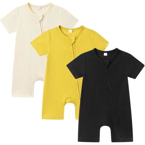 3 Pack Short Sleeve Rompers Ribbed Cotton 2 Way Zipper