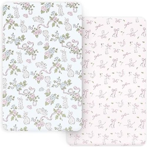 PHF Soft Mini Crib Sheet Set, 2 Pack Silky Comfy Pack N Play Sheets for Girls, Universal Fit for Pack N Play, Playard and Mini Crib Mattresses, Rabbit & Floral