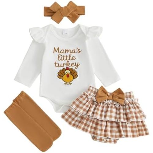 Kavousa My First Halloween Baby Girl Outfit Pumpkin Letter Print Romper+Plaid Skirts+Leg Warmers+Headband Cute Fall Clothes