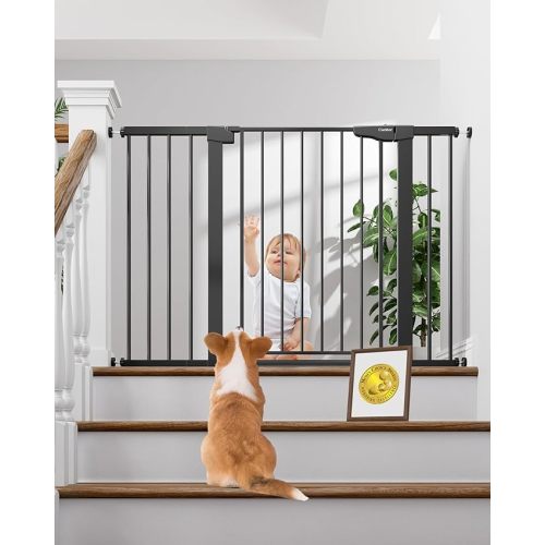 Cumbor 29.7-48" Baby Gate for Stairs, Mom's Choice Awards Winner-Dog Gate for Doorways, Auto Close Safety Pet Gate for Dogs Indoor, Easy Install Pressure Mounted Child Gate with Walk Thru Door, Black