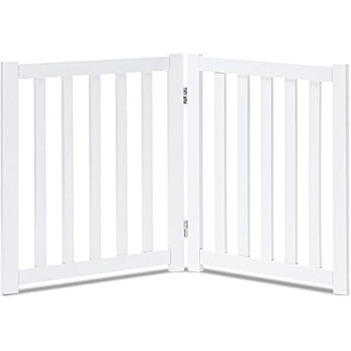 LZRS 2-Panel Wooden Free Standing Foldable Dog Gate Indoor – Solid Hardwood 24" High, Step-Over Safety Pet Gate for Doorways, Stairs & Small Spaces - Indoor Use, White