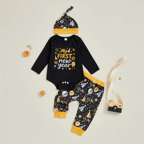 newwalpole My First New Year Baby Boy Outfit Newborn Letter Print Long Sleeve Romper Top Balloon Pants with Hat 3 Piece Sets Black for Size 6-12 Months