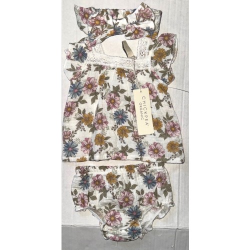 CHICK PEA Organic 3 piece set ivory/white FLORAL motif size 0-3 months