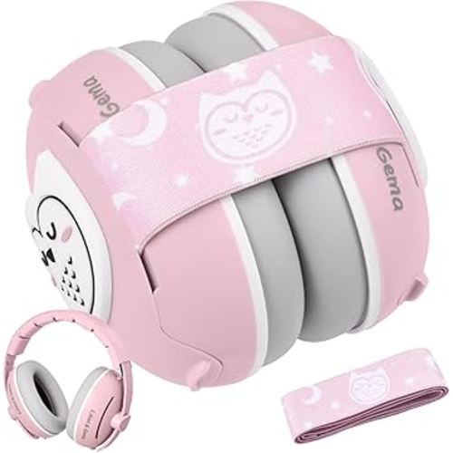 Lilian&Gema 2-in-1 Baby Ear Muffs Noise Protection up to 48 Months - Cute Owl Ear Protection for Infant & Toddler - Baby Airplane/Travel Essentials - Adjustable Noise Reduction Earmuffs, Pink