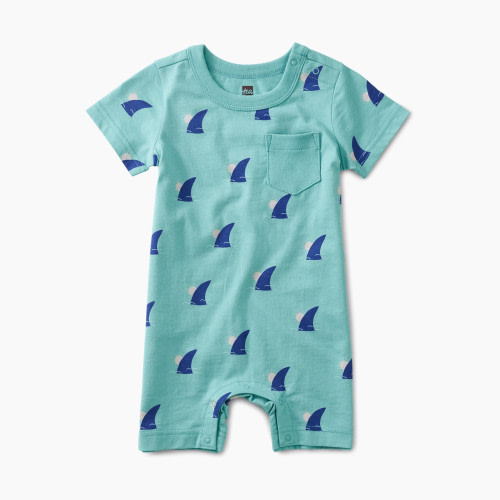 Tea Collection Pocket Shortie Romper - Shark Fin Sunset In Teal, 0-3 Months