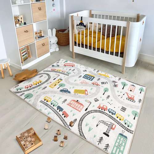 Nursery Road Map Rug-Cars Train Tracks Mat-Carpet for Kids Room-Colorful Playmat-Gray Washable Rug-Interactive Learning Design-Anti-Slip Rug