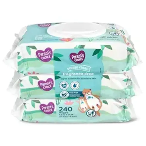 Parent's Choice Gentle Clean Fragrance-free Unscented No Scent Baby Wet Wipes Suitable for Sensitive Skin Infused with Vitamin E and Aloe, 240 Count (Value Pack Includes 3 80-Count Packages) - 1 Pack