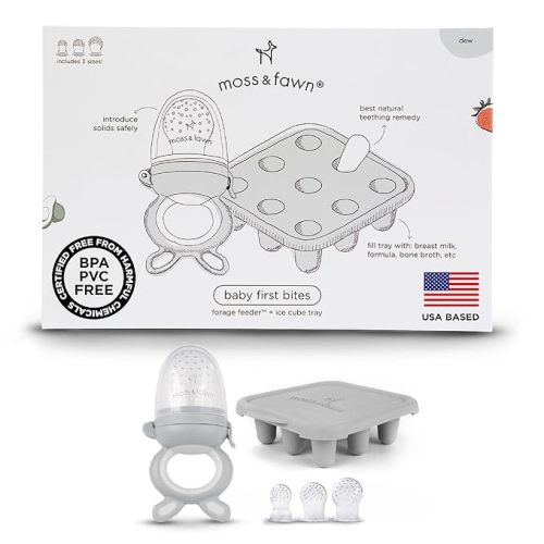 Moss and Fawn Baby's First Bites Bundle - Teething Pacifier Kit - Dew | Silicone Frozen Breast Milk Kit with Forage Feeder & Popsicle Ice Cube Tray, BPA, PVC, & Lead-Free