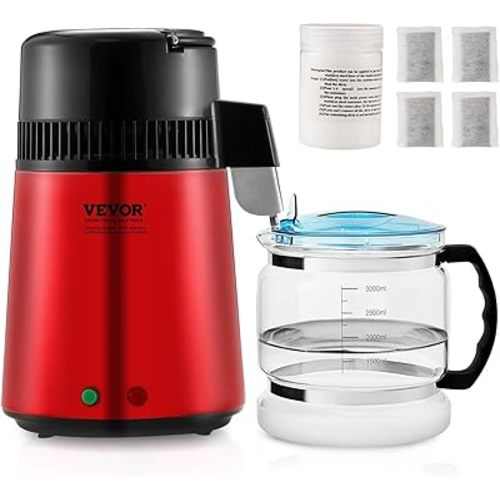 VEVOR Water Distiller, 4L 1.05 Gallon Pure Purifier Filter for Home Countertop, 750W Distilled Maker, Stainless Steel Interior Machine to Make Clean Water, Red