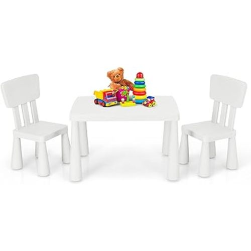 HONEY JOY Kids Table and Chair Set, Plastic Children Activity Table and 2 Chairs for Art Craft, Easy-Clean Tabletop, 3-Piece Toddler Furniture Set for Daycare Playroom, Gift for Boys Girls(White)