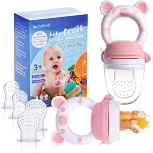 Baby Fruit Food Feeder Pacifier - Fresh Food Feeder, Infant Fruit Teething Teether Toy for 3-24 Months, 6 Pcs Silicone Pouches for Toddlers & Kids & Babies, 2-Pack (Light Pink)
