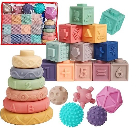 Montessori Baby Stacking Blocks – 3-in-1 Soft Sensory Learning Set for Infants 6-12 Months, Teething & Educational Building Activity Toys for Babies & Toddlers