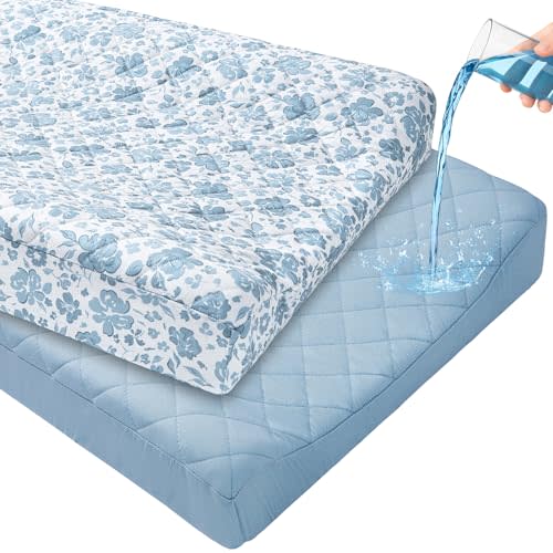 FIOBEE Changing Pad Cover Waterproof 2 Pack Quilted Diaper Change Table Sheets Breathable & Ultra Soft for Newborn Baby Boys Girls Fitted Changer Pads 32"x 16", Light Blue