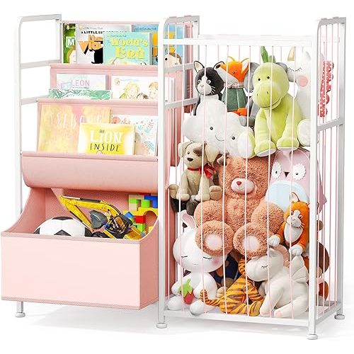 BBLIKE Kids Bookshelf and Stuffed Animal Storage - Multi-Function Nursery Book Shelves with Toy Box and PVC Book Display, Toy Organizer for Playroom, Bedroom, Nursery, Pink