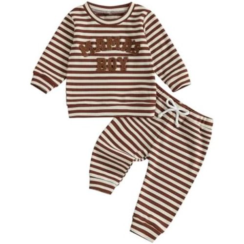 Douhoow Baby Boy Fall Winter Outfit Letter Embroidered Ribbed Crew Neck Long Sleeve Romper and Pants 2 Pcs Set
