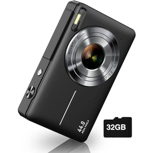 Digital Camera, Camkory FHD 1080P Kids Camera 44MP Point and Shoot Digital Cameras with 32GB SD Card, 16X Zoom, Two Batteries, Lanyard, Compact Small Camera for Kids Boys Girls