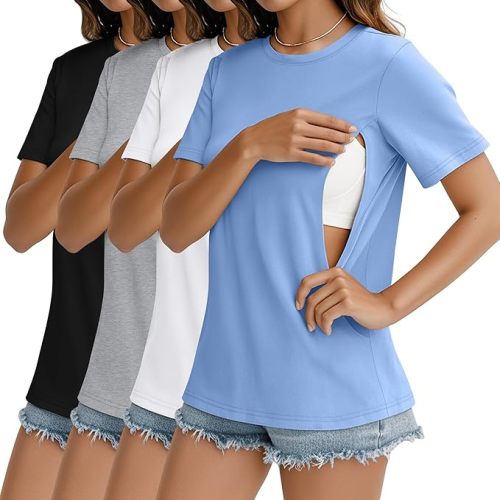 4 Pack Women's Nursing Breastfeeding Shirts with Zipper Cotton Loose Fit Short Sleeve Maternity Top Nursing Clothes