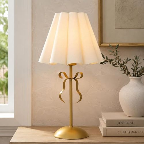 Vintage Gold Table Lamp with Pleated Linen Shade and Bow Accent