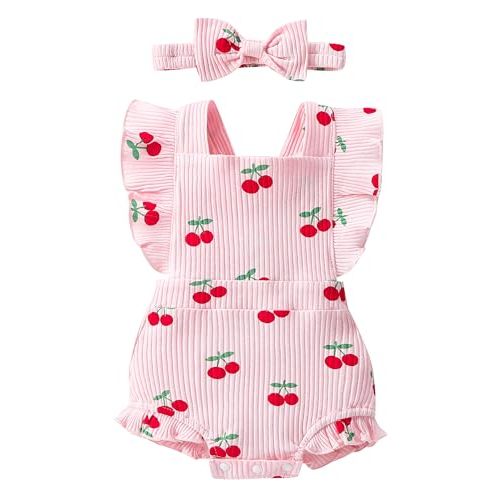 QITUDATEY Baby Girl Clothes Romper Summer Ruffle Sleeve Jumpsuit 0-12M | Infant Cute Outfits with Headband, Cotton Soft and Breathable, Baby Essentials Girl