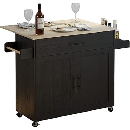 IRONCK Rolling Kitchen Island Table on Wheels with Drop Leaf, Storage Cabinet, Drawer, Spice/Towel Rack, Kitchen Cart, 47.25" Wide Black